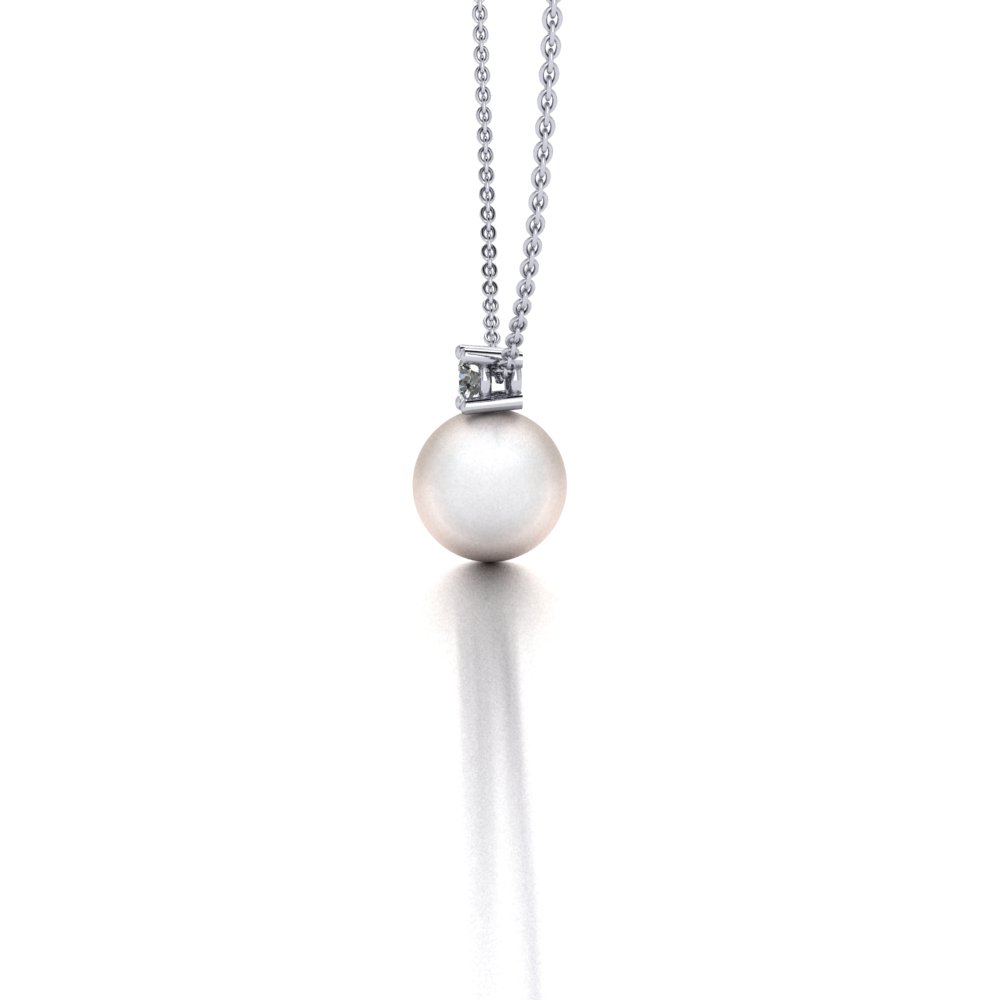 White gold Akoya pearl and diamond pendant necklace side view